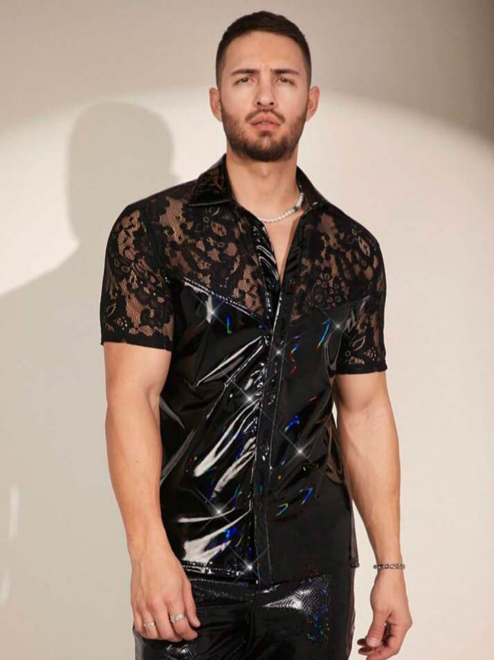 Bonga Boys Men's Glossy Lace Patchwork Woven Casual Shirt